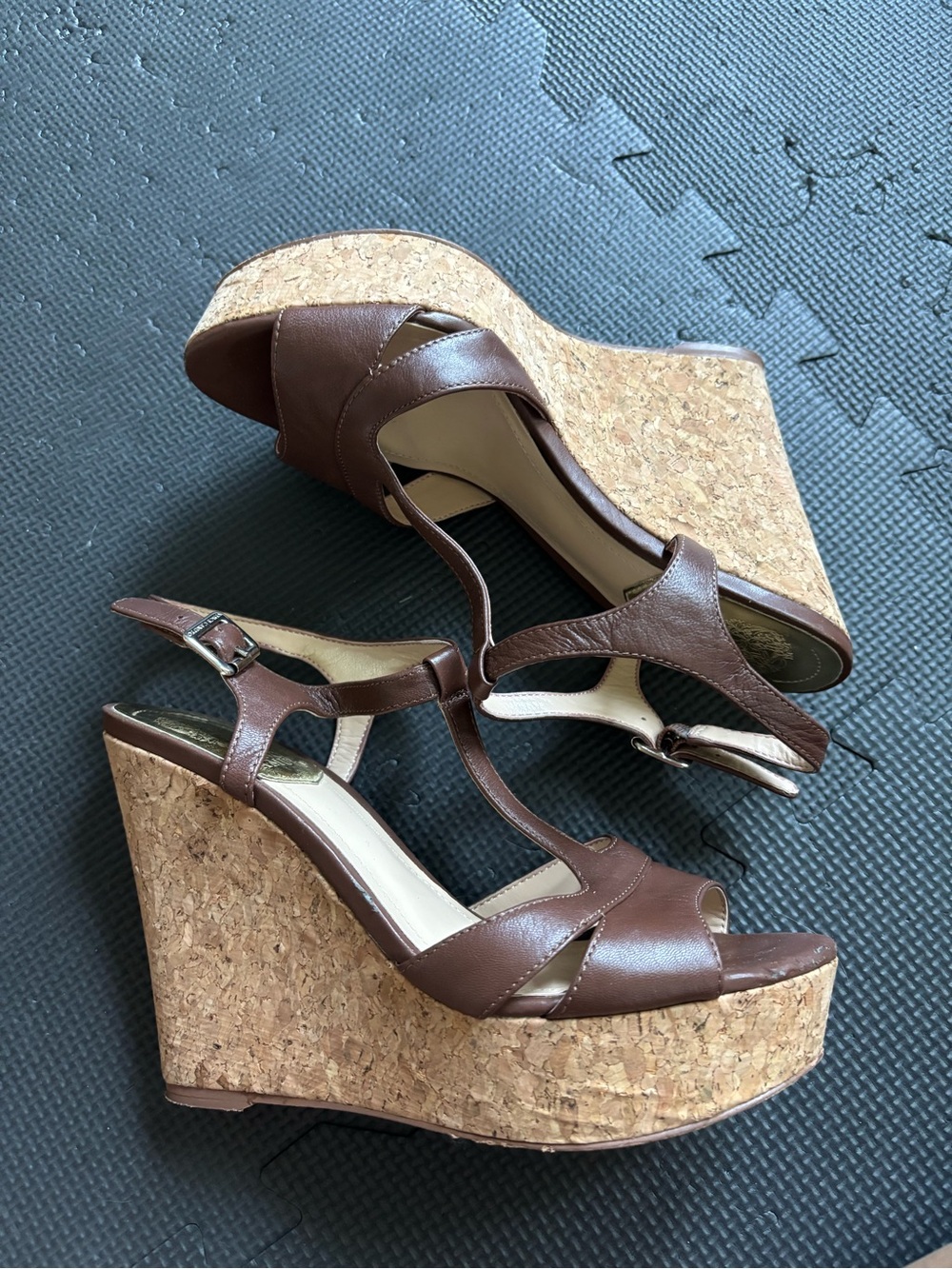 Vince Camuto Brown Leather Cork Wedge Sandals 7.5M